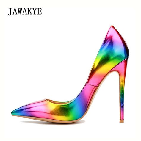 JAWAKYE Rainbow high heels Women pumps Pointed toe Stiletto Party shoes ...