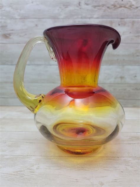 Vintage Blenko Hand Blown Amberina Tangerine Glass Pitcher Etsy In