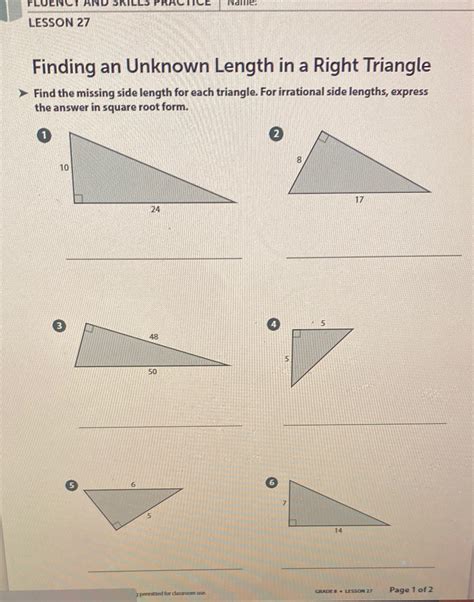 Solved Fluency An Lesson 27 Finding An Unknown Length In A Right Triangle Course Hero