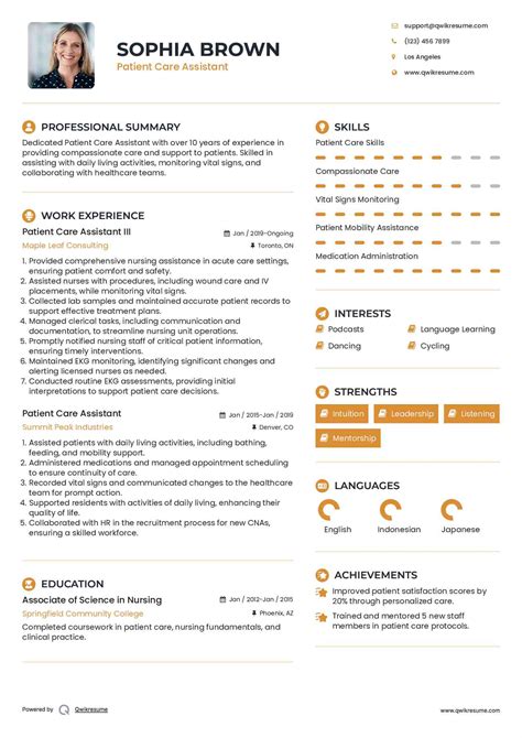 Patient Care Assistant Sample Resume