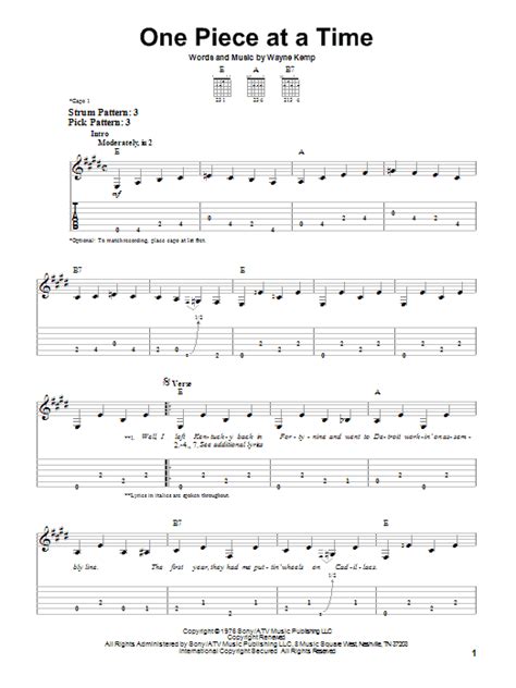 One Piece At A Time By Johnny Cash Sheet Music For Easy Guitar Tab At