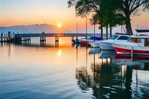 Premium Photo A Boat Is Docked At A Pier With The Sun Setting Behind It