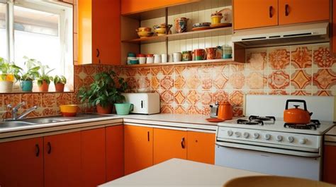 Premium AI Image | Vintage retro kitchen with orange pattern tiles american retro kitchen home ...