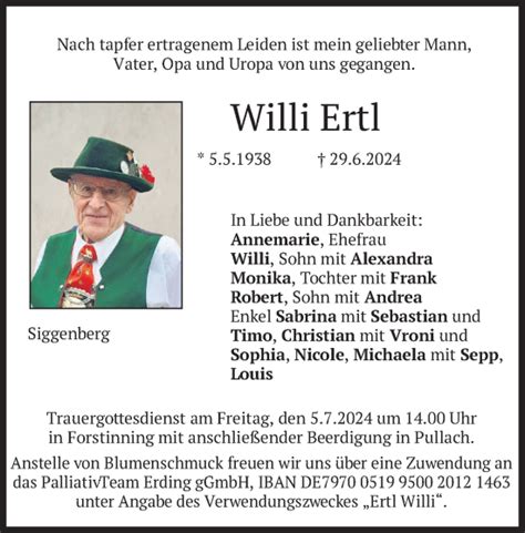 Traueranzeigen Von Willi Ertl Trauer Merkur De