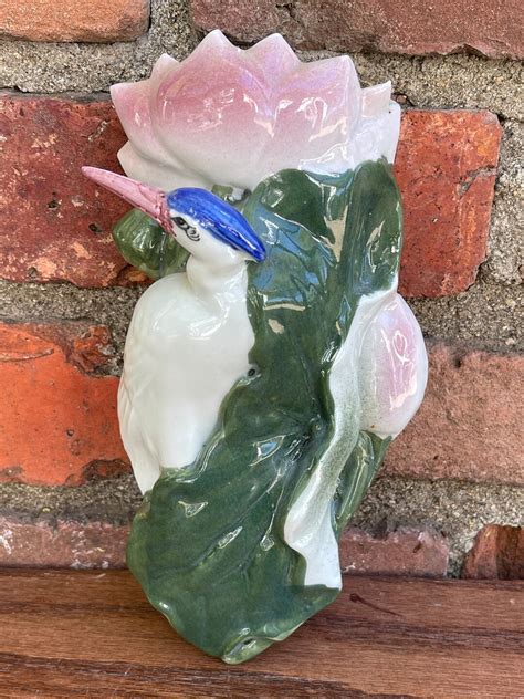 majolica  bird wall pocket vintage pottery bird  tree wall pocket