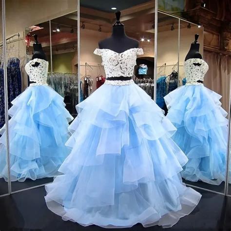 Linyixun Light Blue Ball Gown Two Pieces Prom Dresses 2018 Lace Cap