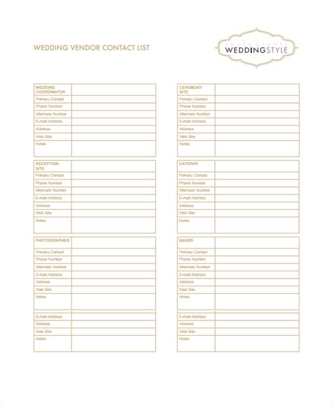 Wedding Vendor List Template