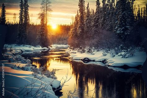 Artwork Spectacular Nature Landscape Background Winter Calm River in ...