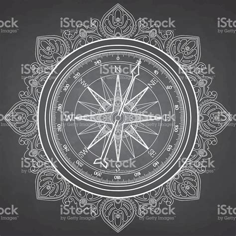 Graphic Wind Rose Compass Drawn In Line Art Style Nautical Vector Compass Drawing Vector