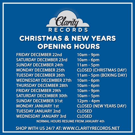 Christmas New Years Opening Times Clarity Records