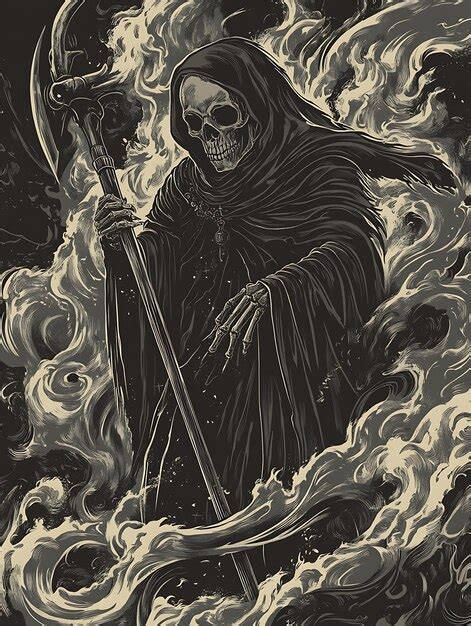 Grim Reaper In Graveyard A Haunting Illustration Premium Ai Generated