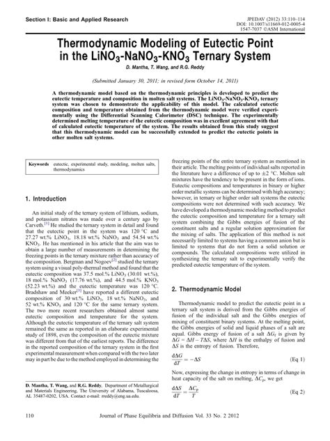 Pdf Thermodynamic Modeling Of Eutectic Point In The Lino 3 Nano 3 Kno