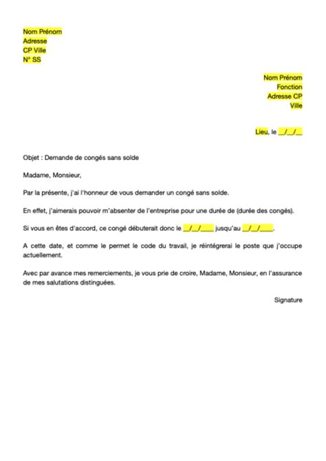 Lettre De Demande De Congé Sans Solde - Format Word / PDF