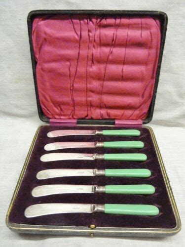 Beautiful Epns Cake Butter Knives 1900s Green Handles Velvet Silk Lined