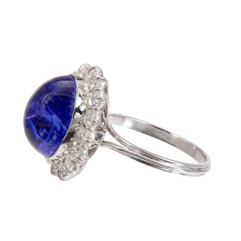 Tanzanite Cabochon Diamond Halo Gold Engagement Ring For Sale At 1stdibs