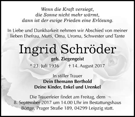 Traueranzeigen von Ingrid Schröder abschied nehmen de