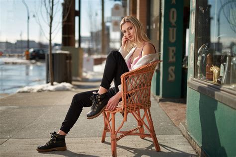 Sitting Blonde Model Kyle Cong Urban Women Outdoors Women Street