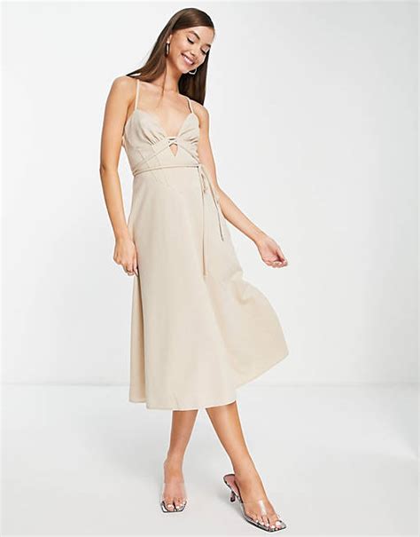 Asos Design Strappy Cupped Skater Midi Dress In Natural Stone Asos