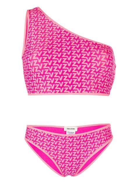 Zadig Voltaire Logo Printed One Shoulder Bikini In Rosa ModeSens