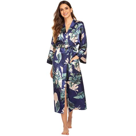 Womens Floral Long Satin Robes Plus Size Long Silk Robes Floral