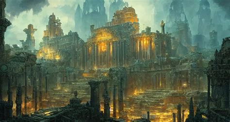 Ancient City Of Atlantis With Big Buildings In Gold Stable Diffusion