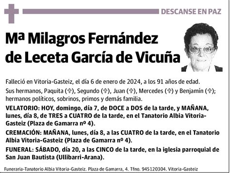 Mar A Milagros Fern Ndez De Leceta Garc A De Vicu A Esquela El Correo