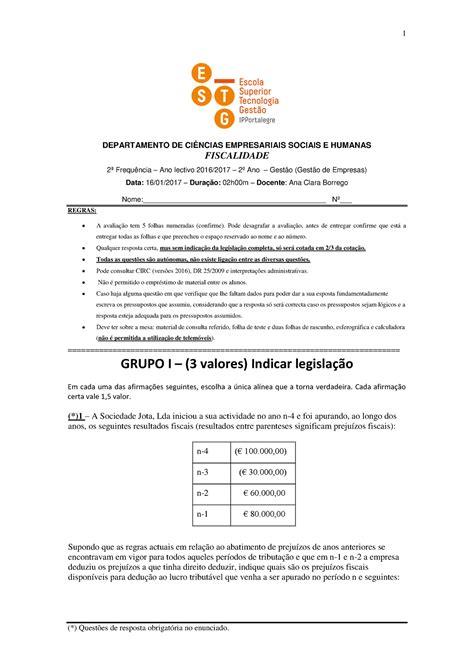 1 Exercícios De Fiscalidade Departamento De CiÊncias Empresariais Sociais E Humanas