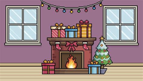 Pixel Art Christmas Scene Room With Window Fireplace Christmas Tree