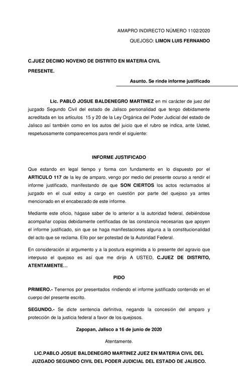 Machote De Informe Justificado Ejercicios De Derecho Docsity