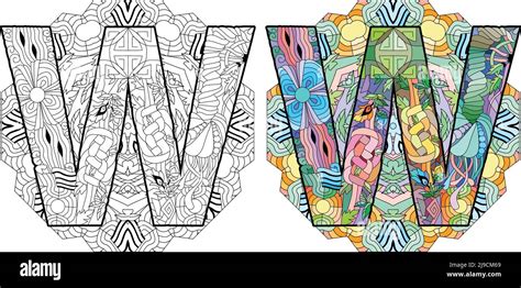 Letter W Monogram Engraving Design On Mandala For Coloring Vector