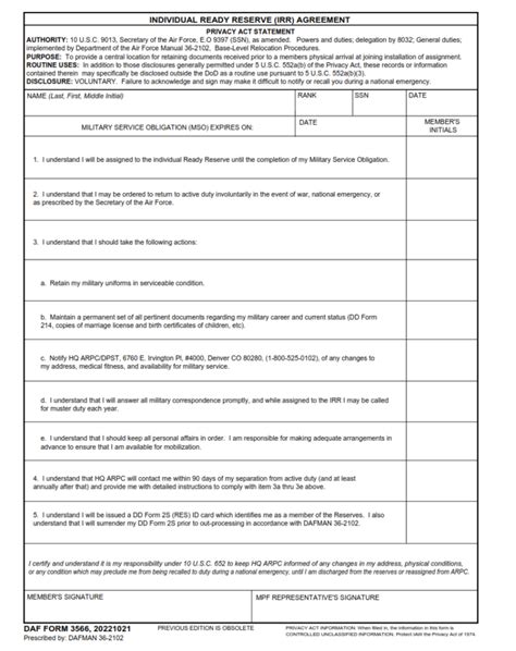 Daf Form 3566 Individual Ready Reserve Irr Agreement Origin Form