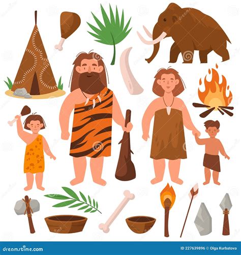 Stone Age. People of Prehistoric Times. Cartoon Family Tribe. Cute ...