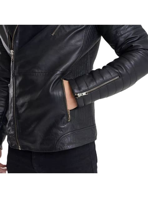 Men Quilted Sleeves Real Lambskin Black Leather Motorcycle Jacket