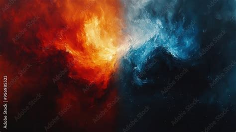 Dynamic Splitscreen Composition With Fiery Red And Deep Blue Abstract