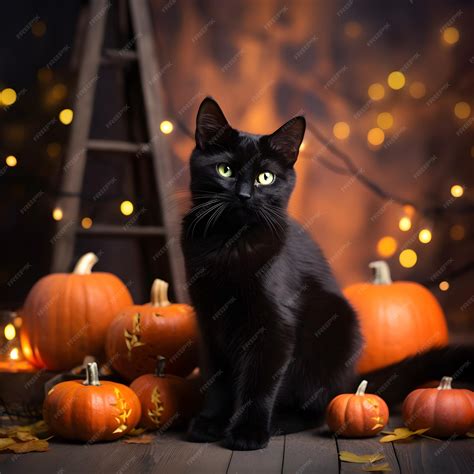 Premium Ai Image Black Cat And Pumpkins Happy Halloween Decoration Background