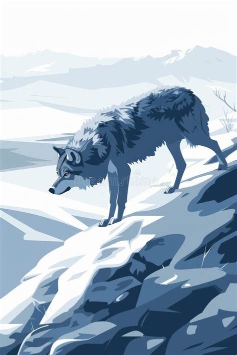 Wolf Stands On A Rocky Cliff Gazing Out At A Snowy Mountain Range In