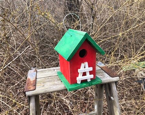 Hanging Wooden White And Blue Birdhouse Wren Chickadee Small Songbirds