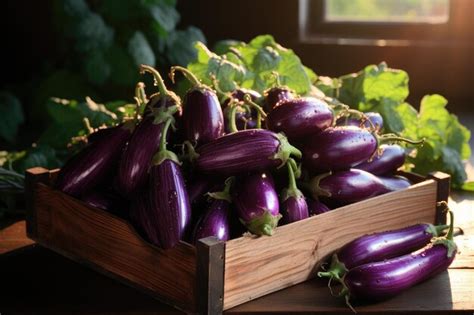 Berenjena morada ecológica en caja de madera ia generativa Foto Premium