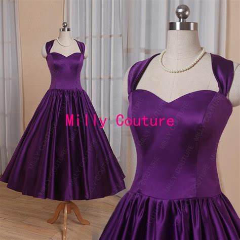 Halter Sweetheart 1950s Rockabilly Bridesmaid Dress Purple Tea Length Bridesmaid Dress 50s