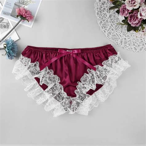 Mens Swimwear Men Shiny Soft Satin Ruffle Floral Lace Sissy Panties Lingerie Low Rise Stretchy