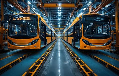 Modern Bus Manufacturing Industry Or Factory With Several Electric