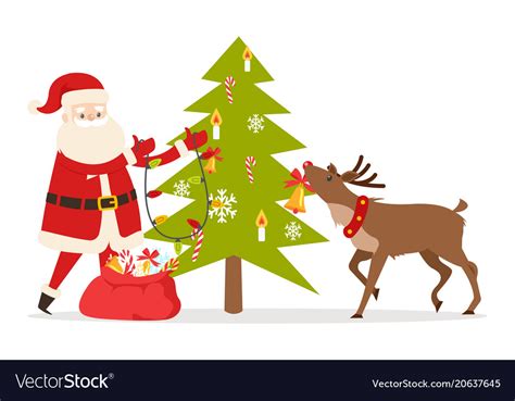 Santa claus and big reindeer decorate fir tree Vector Image