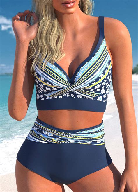 Criss Cross Floral Print Navy Bikini Top Modlily Usd