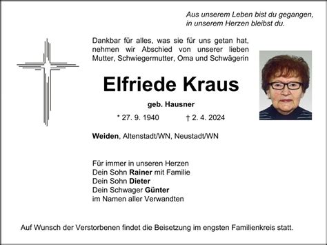 Traueranzeige Elfriede Kraus Weiden Oberpfalzecho