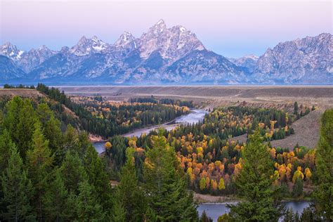 Grand Teton National Park River Trees Autumn Mountains