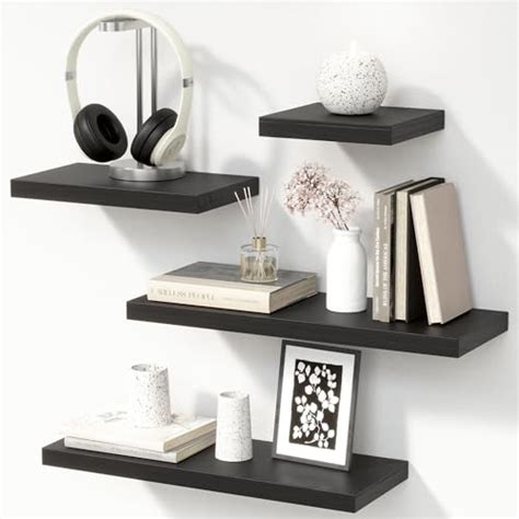 Black Floating Shelves with Invisible Bracket, Rustic Wood Wall Mounted ...