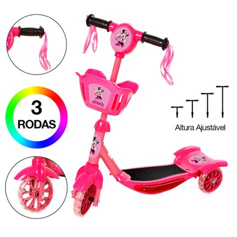 Brinquedo Infantil Patinete Scooter 3 Rodas Cesta Luz E Som Rosa