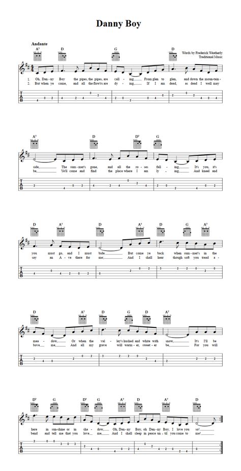 Danny Boy Chords Sheet Music And Tab For Guitar With Lyrics 14691 | Hot ...