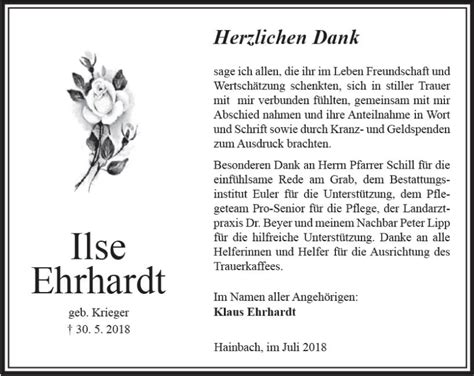 Traueranzeigen Von Ilse Ehrhardt Vrm Trauer De