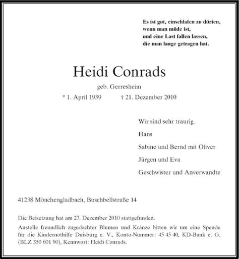 Alle Traueranzeigen für Heidi Conrads trauer rp online de